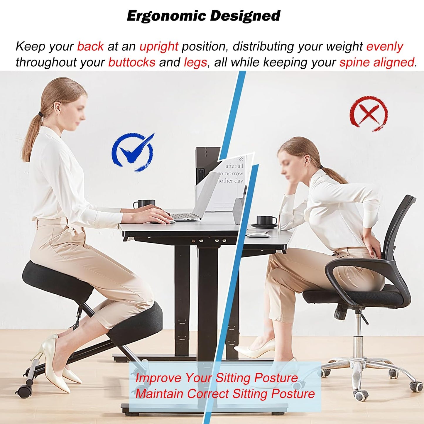 Office Chair Cross Legged Chair，Height Adjustable Kneeling Desk Chair with 4 Universal Wheels, Black Meditation Chair with Thick Seat, Ergonomic Kneeling Chair for Office/Classroom
