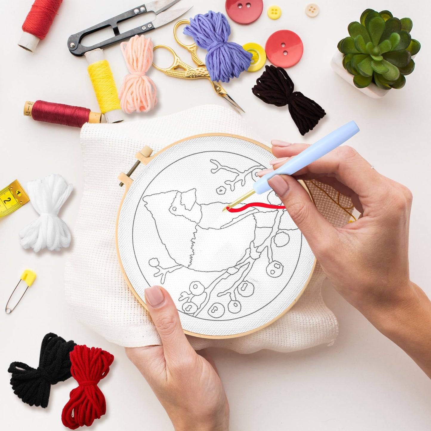 SmoothNovelty DIY Punch Needle Kits for Beginners with Hoop Embroidery Fabric Instructions Thread Punch Needle Craft Set Easy for Starter Adults and Children Gift Decoration, 20x20cm-4(Cardinal Bird)