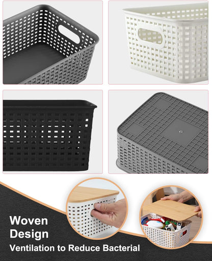 Storage Bins with Bamboo Lids - Set of 6 Lidded Plastic Baskets for Organizing Kitchen, Bedroom, Office, Closet