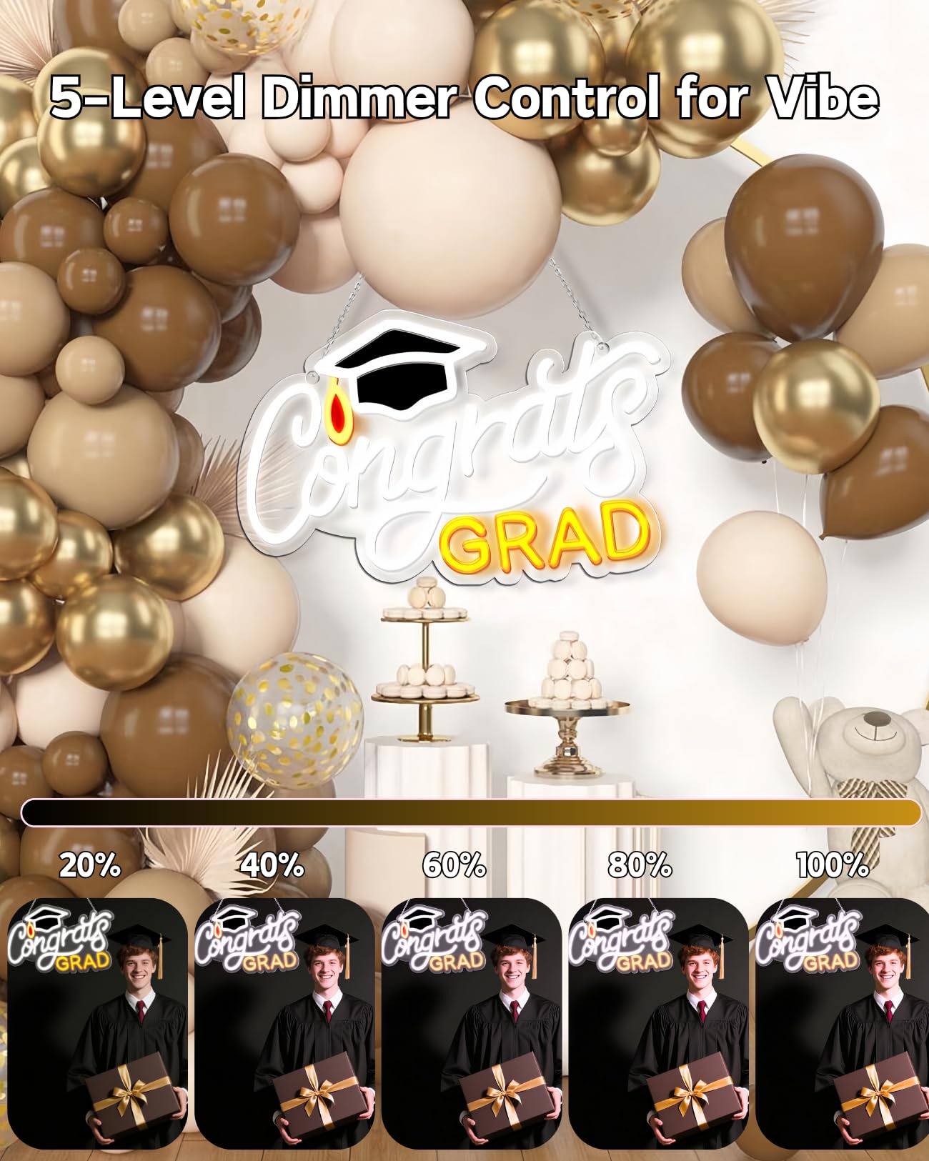 Congrats Grad Neon Sign with Mortarboard - 14.5" x 8.6", Adjustable LED Light Up Sign for Prom Party, Photo background wall, Class of Celebrations, Graduation Gift for Dorm Backdrop Room Decor