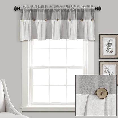 Lush Decor Linen Button Farmhouse Valance - 52" W x 18" L, Gray & White, Rustic Kitchen Curtains with Coconut Husk