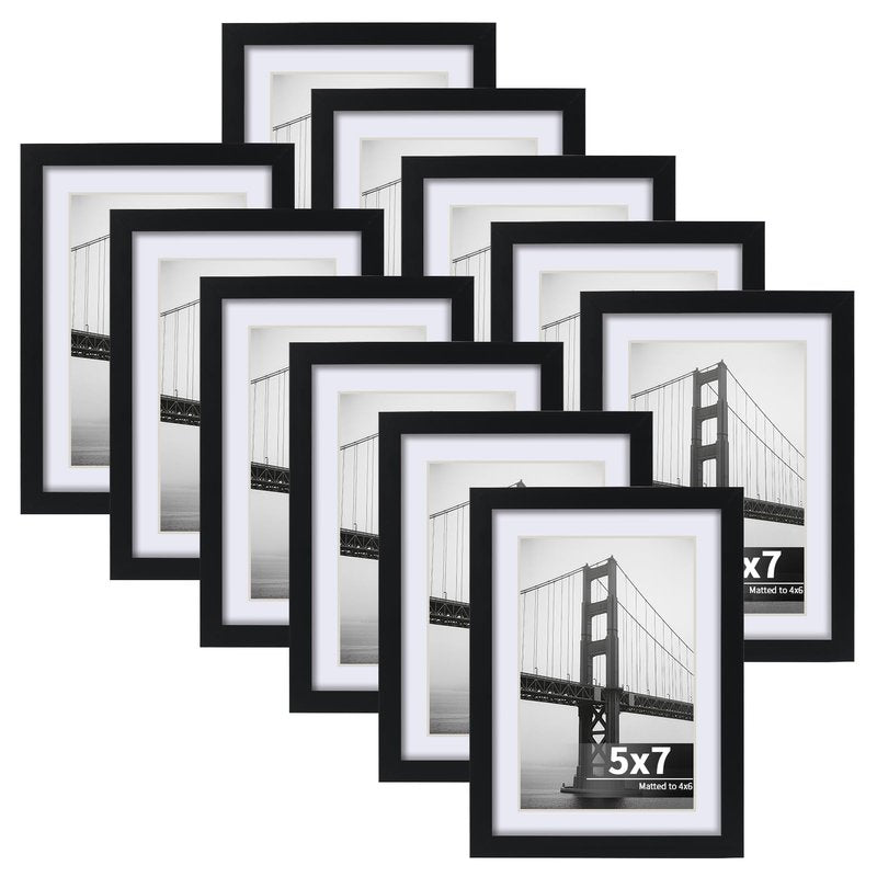 CRUGLA 5x7 Picture Frames Set of 11, Display Pictures 4x6 with Mat or 5 by 7 without Mat, Wall or Tabletop Display, Black
