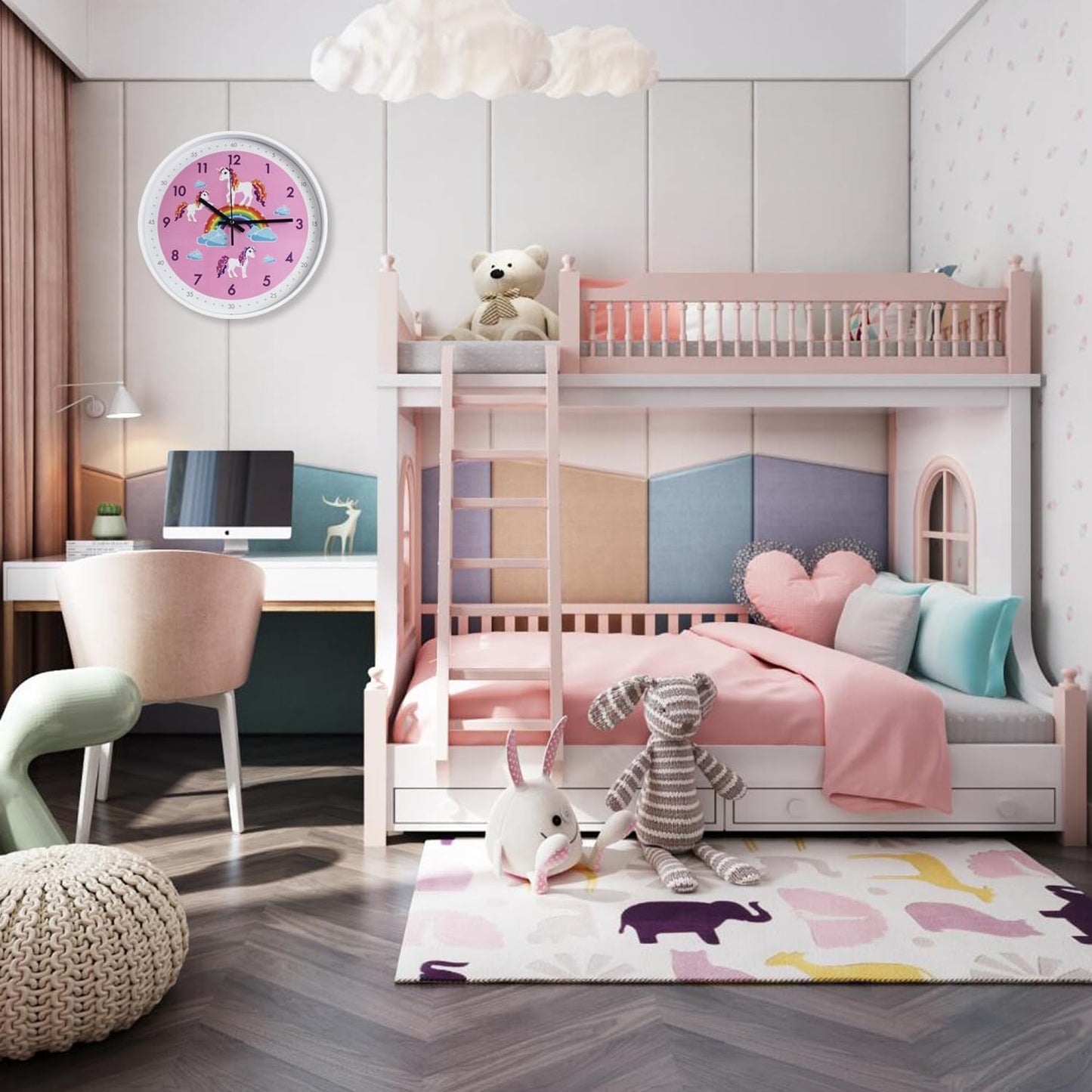 Pink Wall Clock - Silent Non Ticking Décor for Kids Room, Office, School, Bedroom, Kitchen, 12 Inch