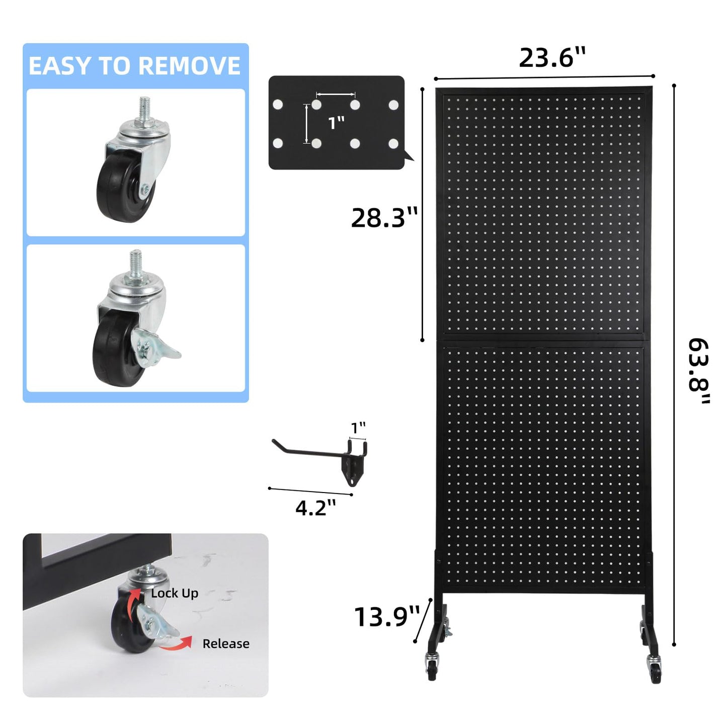 NectaCol 2'x 5' Standing Pegboard Display with T-Base, Pegboard Display Stand with Wheels, Metal Peg Board Display Rack, Art Display Stand, Extra 10 Pieces Hooks - Black