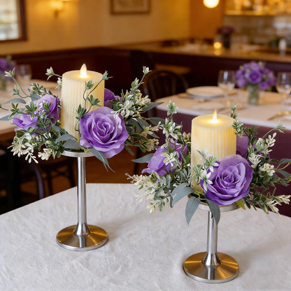 Youshe 4 Pcs Artificial Rose Candle Ring, Valentine's Day Candle Rings Wreaths Mini Floral Garland Wedding Table Pillar Centerpiece for Xmas Home Farmhouse Party Candle Holder Décor (Purple)