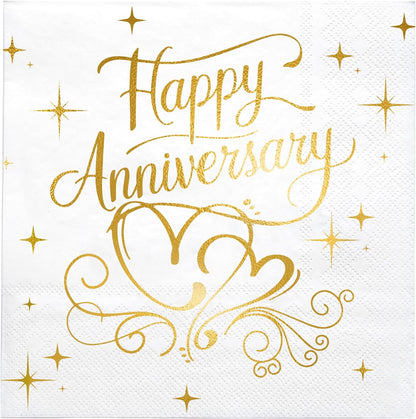 25Pcs 3-Ply 25th 50th 5 5 LeZakaa Happy Anniversary Paper Napkin, Gold Foil Cocktail Beverage Bar Square Disposable