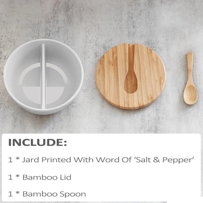 Ceramic Salt and Pepper Bowls with Bamboo Lid, Farmhouse Salt Box Holder Set for Countertop Modern Kitchen Decor