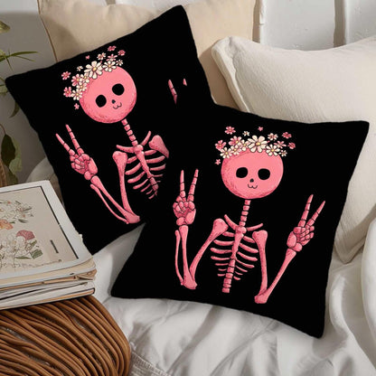 ZwenPdoe Skeleton Throw Pillow Covers 18x18 Set of 2 | Cute Pink Skull Decorative Cushion Covers with Hidden Zipper | Halloween Gothic Aesthetic Pillowcases for Couch Sofa Bedroom Decor