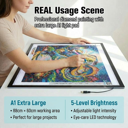 A1 Extra Large LED Light Pad (34.6"x23.6") - Upgraded Durable Tracing Light Box with 5-Level Brightness - Dot-Free Eye Protection Board for 5D Diamond Art Painting, Sketching, Drafting & Tracing