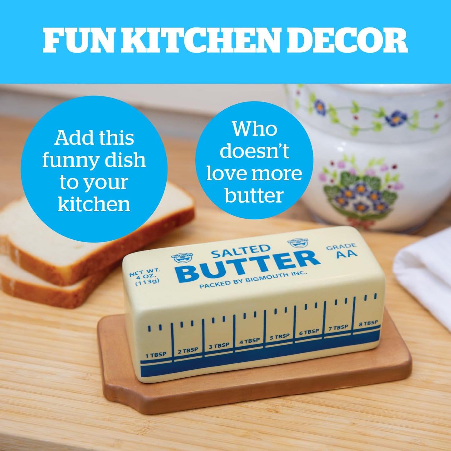 Novelty Butter Dish, Ceramic Butter Stick-Shaped Lid, Holds 1 Stick, Funny Eclectic Kitchen Decor