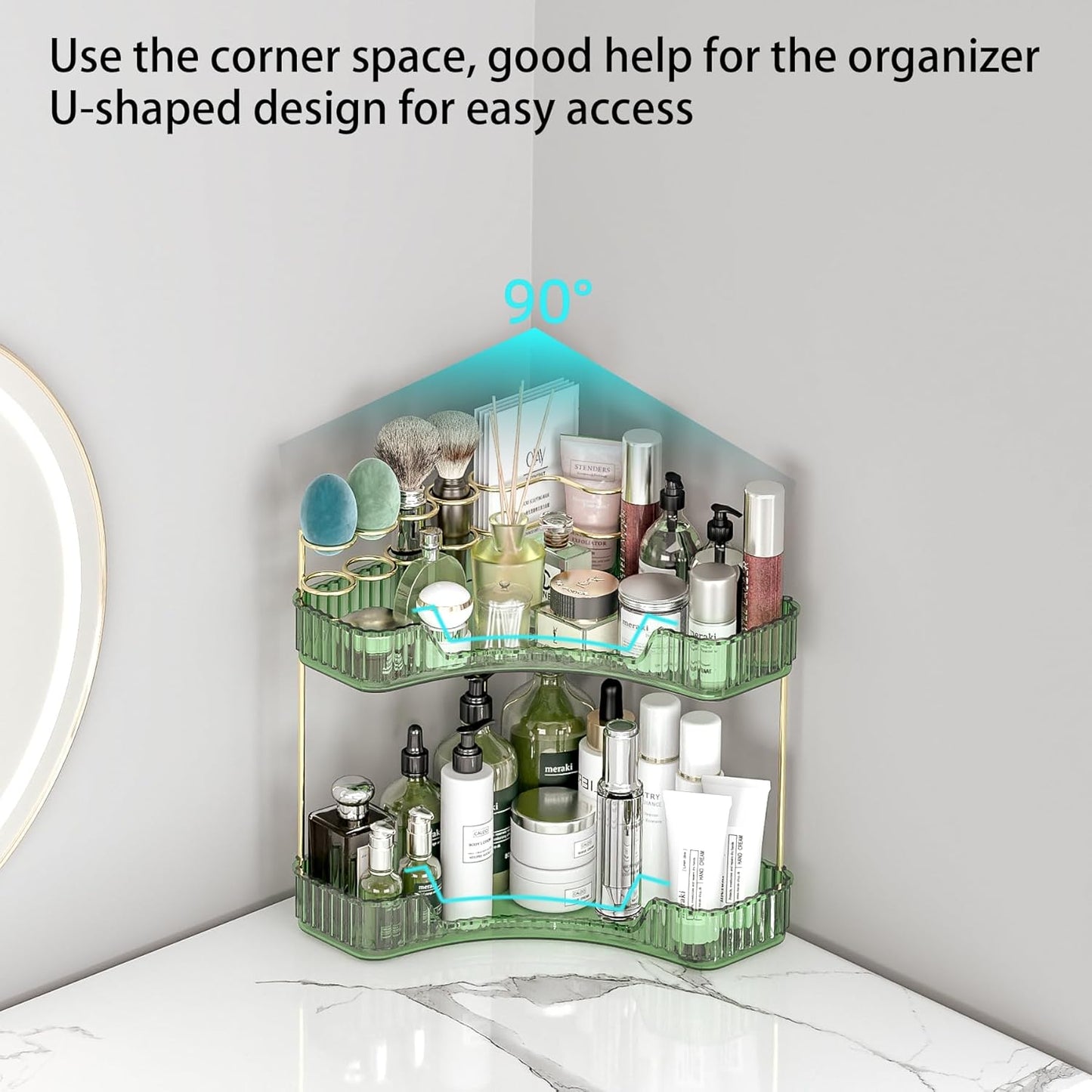 2 Countertop, Tier Corner Bathroom Organizer Vanity Makeup Organizer with Brush Holder, Space-Saving Skincare Storage