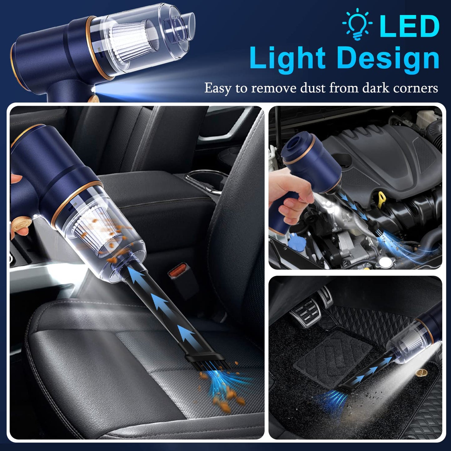 KMM Handheld Car Vacuum Cleaner, 9000Pa Vacuum Cleaner and Air Duster, 120W High Power Hand Held Vacuum with LED Light and Multi-Nozzles for Car, Home, Office, Pet
