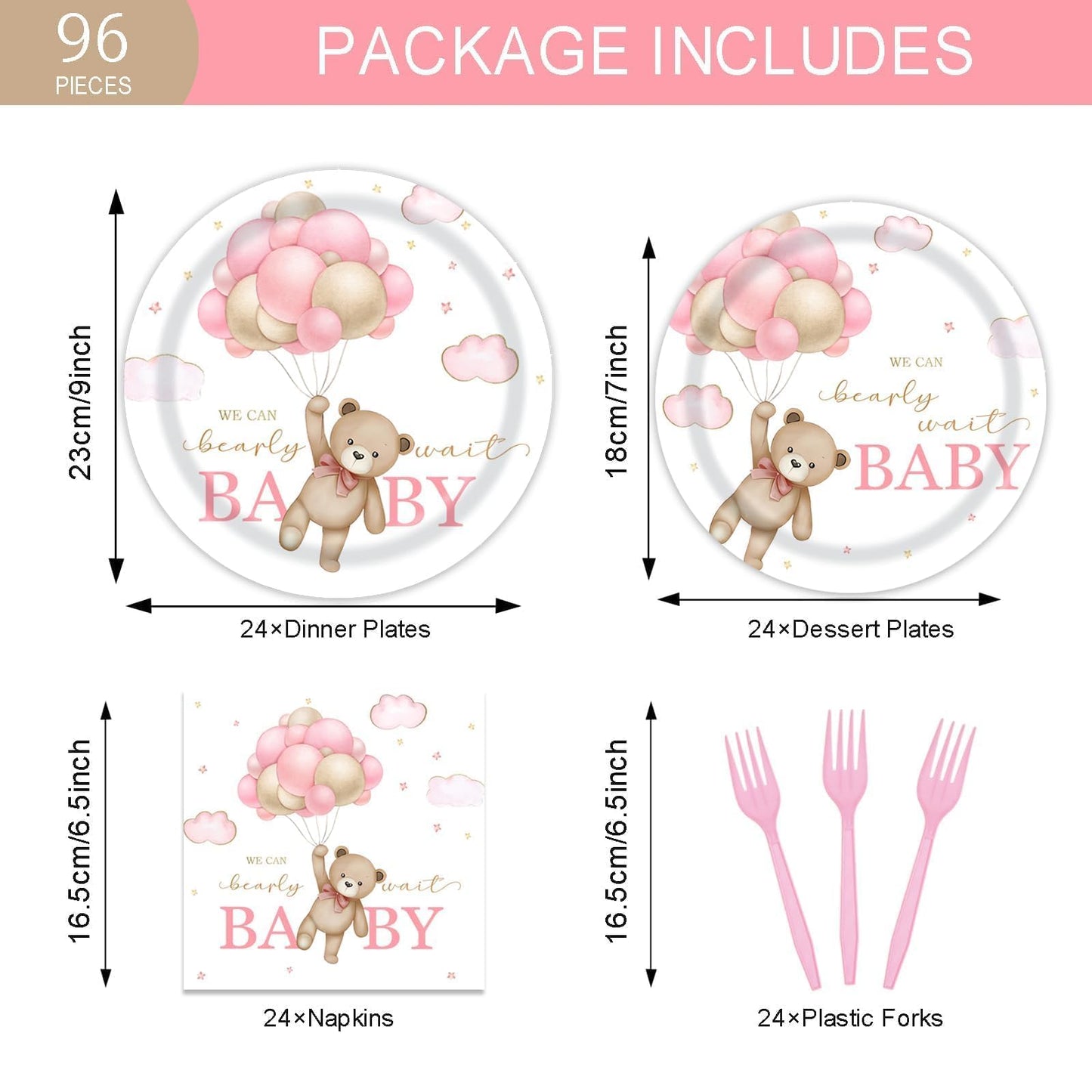 96 Pcs Bear Baby Shower Party Plates and Napkins Set, We Can Bearly Wait Party Decorations Supplies Brown Coffee Pink Tableware for Girl Baby Shower Decor, Serves 24