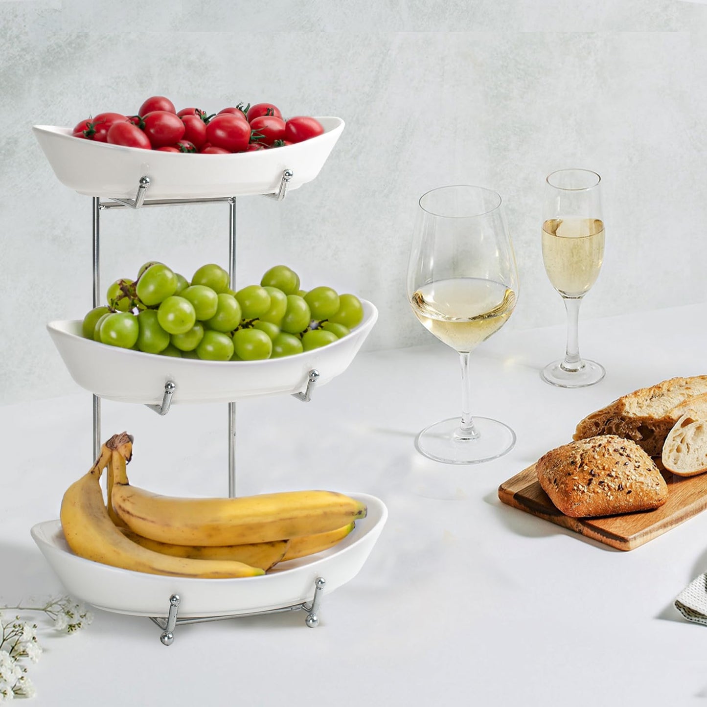 LUFILUFI 3 Tier Fruit Bowl Basket for Kitchen Counter - Ceramic Serving Bowls with Metal Stand, Stackable Tiered Fruit Basket for Fruit Vegetable Snack Storage, Countertop Organizer, Housewarming Gift