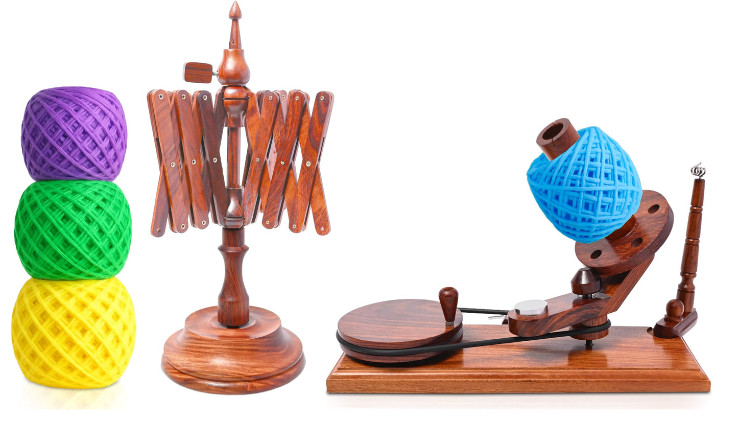 Bhartiya Handicrafts Wooden Yarn Ball Winder & Table Top Swift Set, Hand Operated Rosewood Combo Winder, Large Capacity 8 to 10 oz Yarn Fiber Winder, Wool String Swift Winder (Rosewood Winder & Swift)