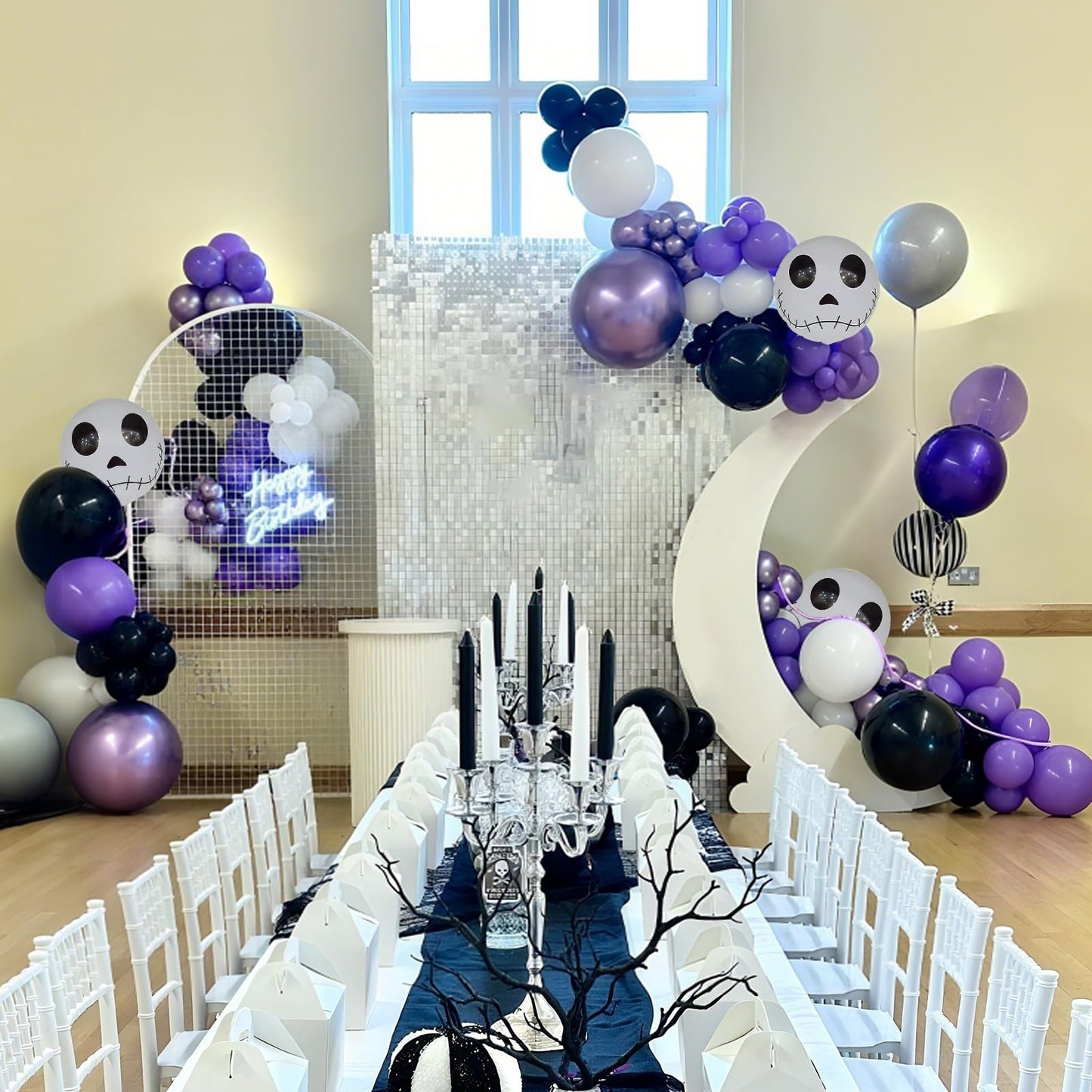 Skull Halloween Birthday Party Decorations Metallic Purple Black Silver Balloon Garland Arch Kit with Stripe Skull Balloons for Ghost Skeleton Trunk or Treat Halloween Birthday Baby Shower Decorations