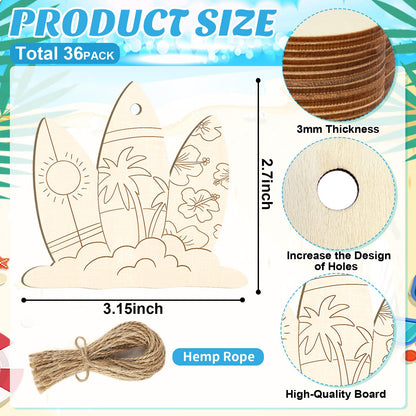 36PCS Wooden Summer Ornaments to Paint, 12 Styles DIY Blank Unfinished Wood Beach Cutouts Ornament for Crafts Hanging Decorations, Watermelon Surfboard Slippers Coconut Tree Home Decorations Gifts