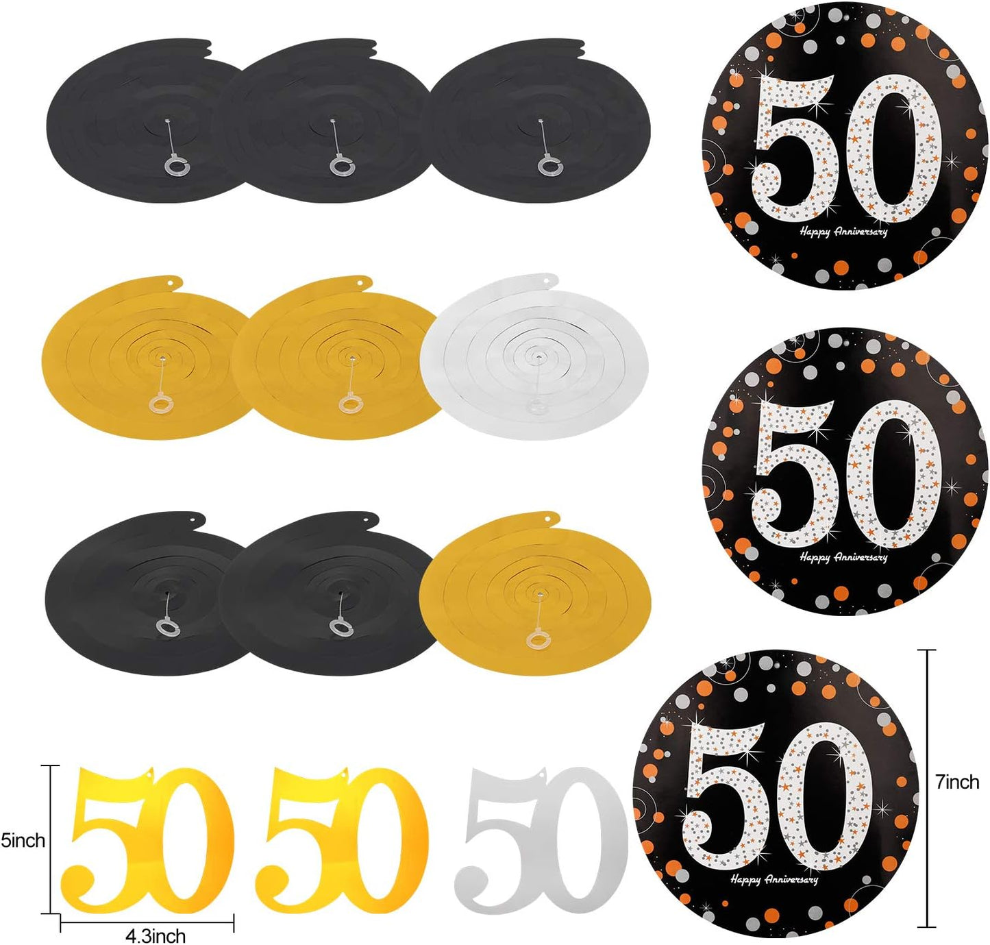 50th Wedding Anniversary Decorations Kit, Gold Glitter Happy 50th Banner, Sparkling 50 Hanging Swirls, Poms
