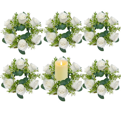 tyoungg Artificial Floral Centerpiece Rose Eucalyptus Pillar Candle Ring Wreath 3 Inch Center for Flameless or Wax Pillar Candles Weddding Bridal Shower Banquet Reception Table Home Decor (6, White)