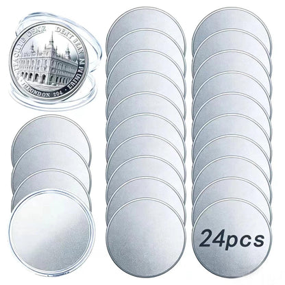 Disabeki 24 Pcs Blank Challenge Coins, 40mm x 2mm Plated Alloy Coin Blanks for Laser Engraving with Acrylic Cases, Reeded Edge Custom Coins for DIY Crafts, Gifts and Keepsakes (Silver-Plated)