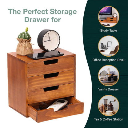 4 Drawer Desktop Storage Organizer in Modern Wood Design (9.8”x6.9”x 9.8”) 4-Drawer Stackable Drawer Unit - Vanity Accessories Organizer (1-Pack)