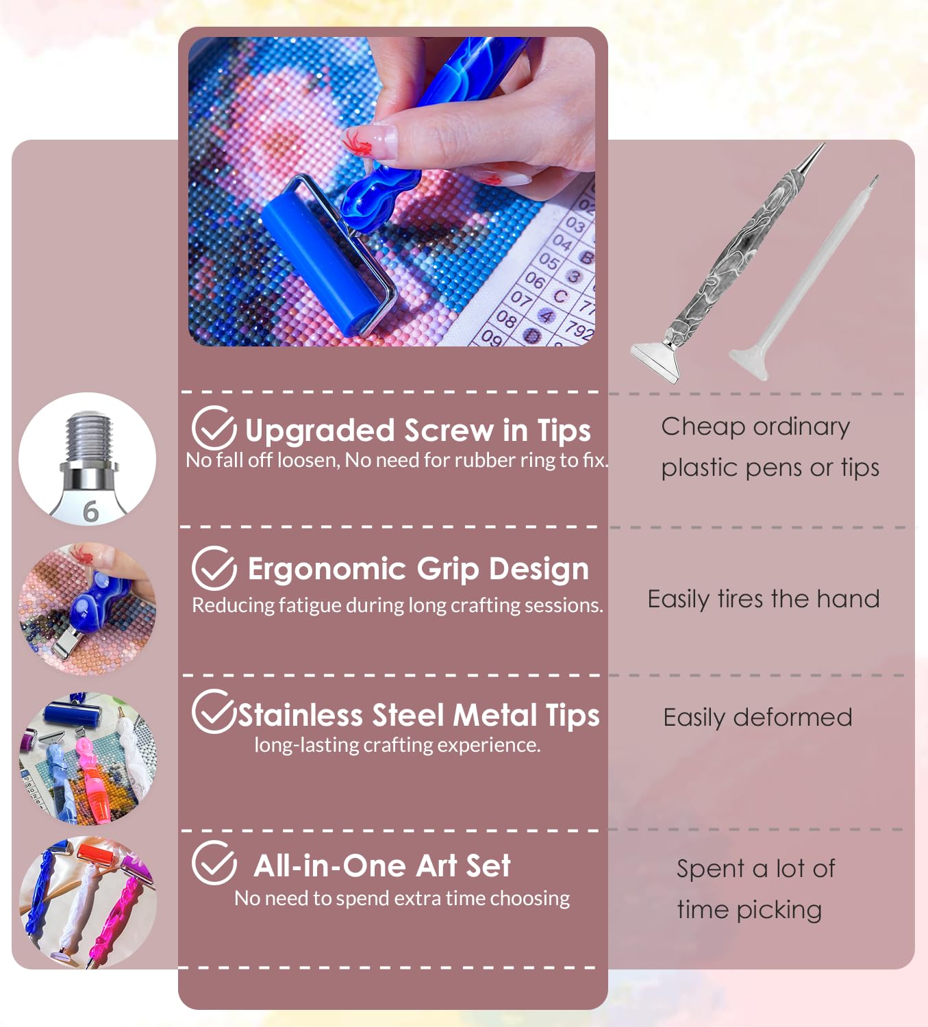 Hailivike 17PCS Threaded Diamond Art Tools, Upgraded Stainless Steel Tips Diamond Painting Pen No Loosen, Blue Set