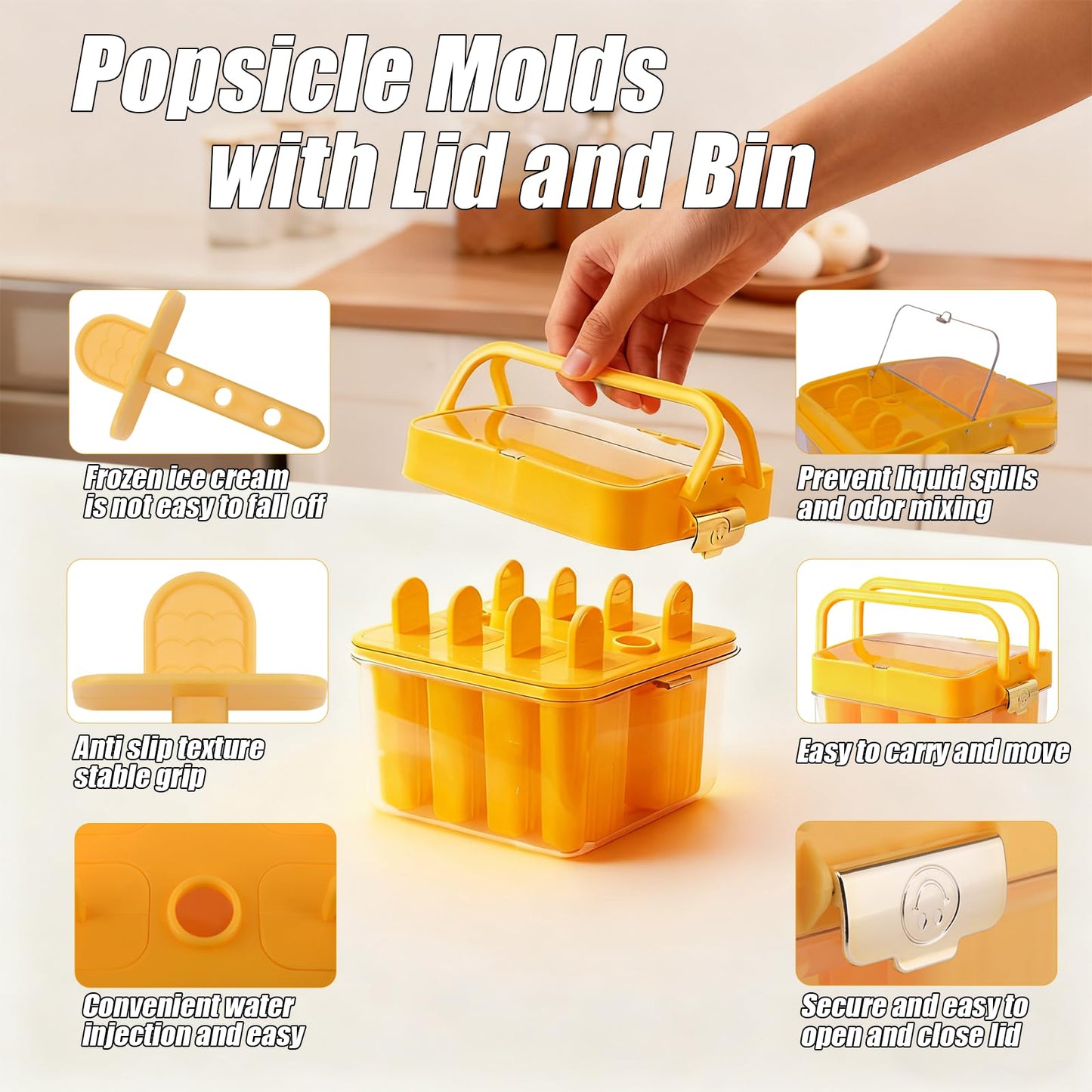 Jeniulet Popsicles Molds with Lid and Bin 9 Pieces Reusable Easy Release Entire Homemade Popsicle Molds Odorless Ice Pop Maker BPA Free