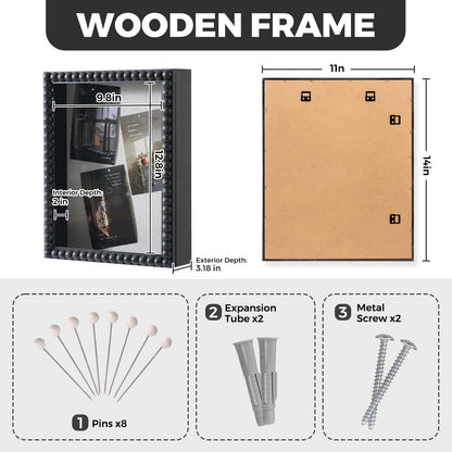 Shadow Box Frame 11x14 - 2" Interior Deep Solid Wood & Glass Display Case with Unique Beads Door, Deep Memory Box for Photos, Memorabilia, Collections, Awards, Tickets-Black