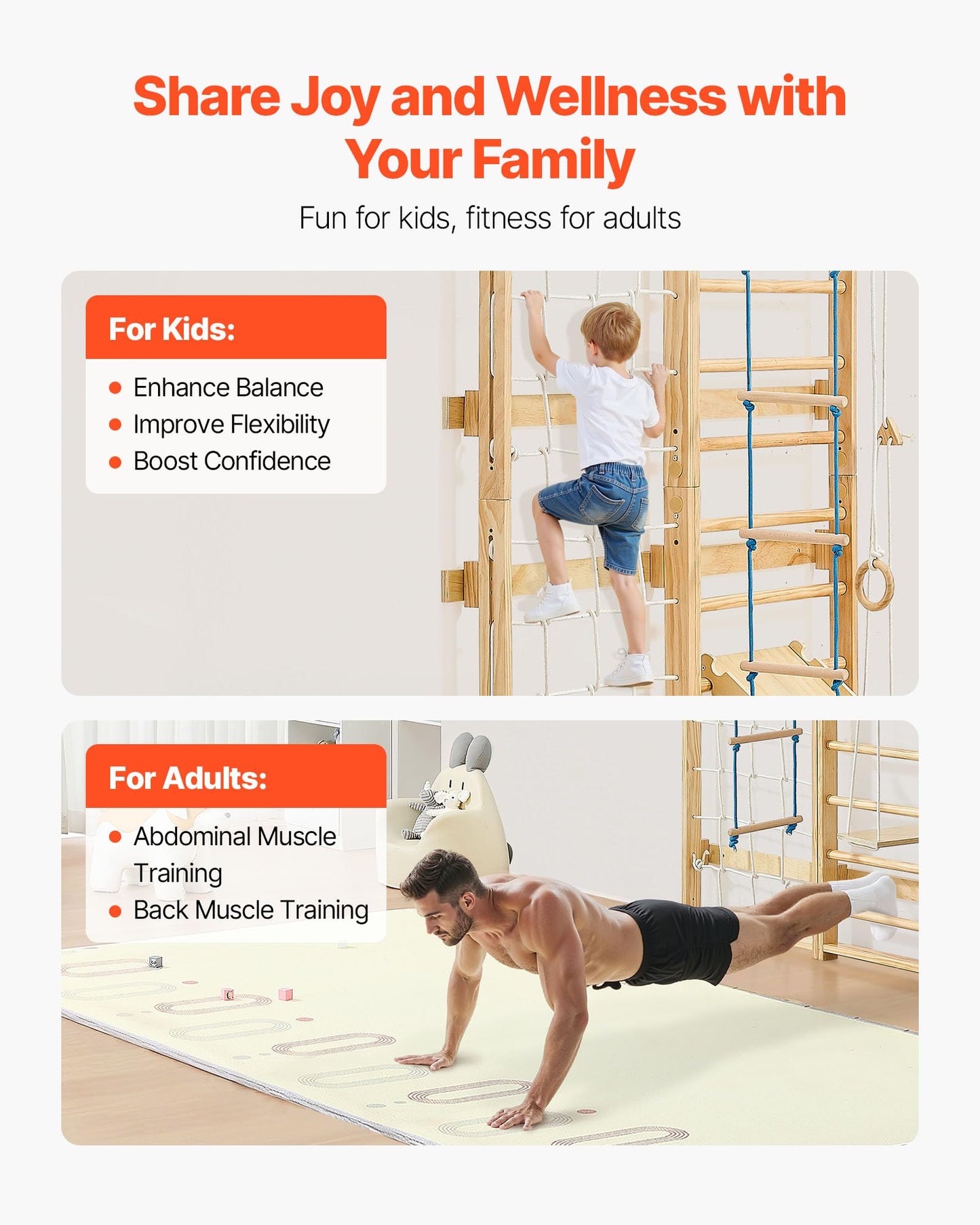 VEVOR Swedish Ladder Wall Gym, 8-in-1 12-Level Solid Wood Gymnastic Stall Bars for Kids Adults, 220LBS Indoor Jungle Gym Playset with Climbing Board, Gym Rings, Pull-Up Bar, Wall Ladder, Slide, Swing