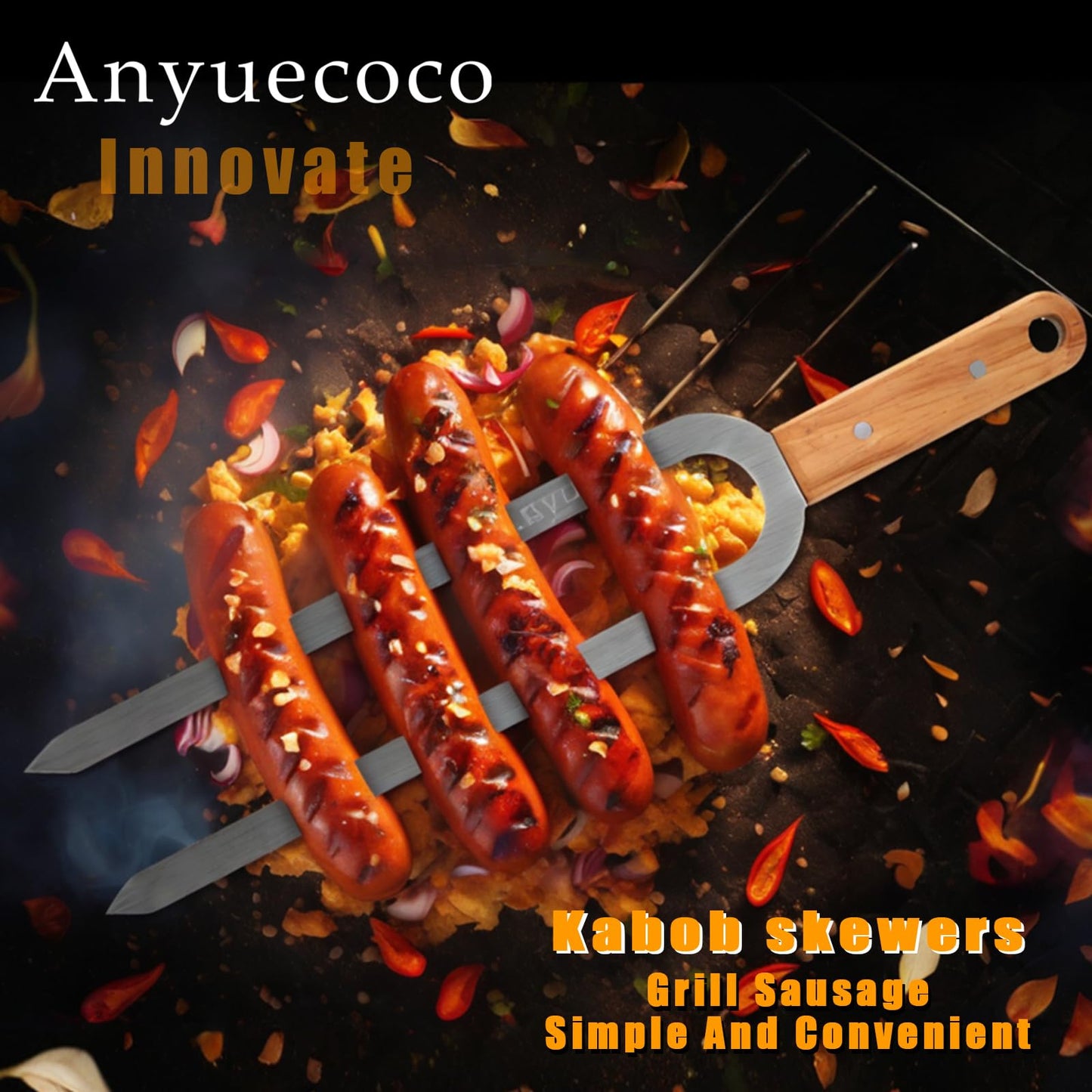 Anyuecoco Kabob Skewers for Grilling,6 PCS - 17 Inch Double Prong Skewers for kabobs,Stainless Steel Skewer,Flat Metal Skewer,Perfect For Meat,Chicken,Sausages,Veggies,Seafood