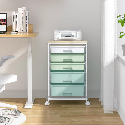 SYKIARIOL Utility Cart with 5 Drawers,Storage Cart with Wooden Tabletop and Lockable Wheels,Craft Storage Trolley Organizer,5-Tier Rolling Utility on Wheels,Light Green