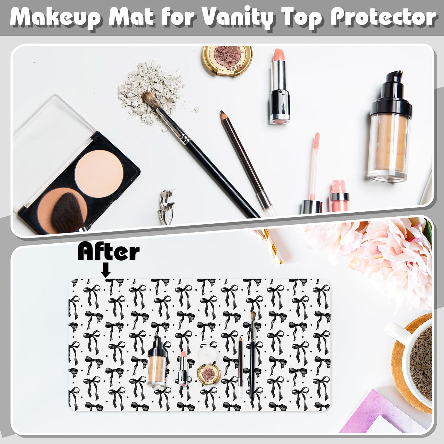 Teenyyou Coquette Bow Makeup Mat for Vanity Top Protector Back to School Gift 31.5" X15.7" Dual Side Leather Desk Mouse Pad Girly Waterproof Nonstick Dressing Vanity Cover for Women Home Office