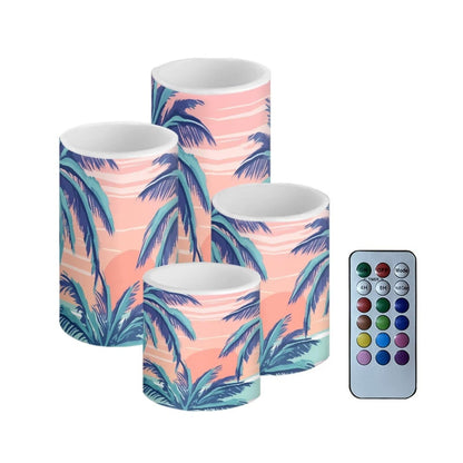 Merkmak 4Pcs Coastal Flameless Candles with Remote and Timers Tropical Coconut Tree Flickering Battery Operated Candles Waterproof Pink Flameless LED Pillar Lights for Hotel, Restaurant