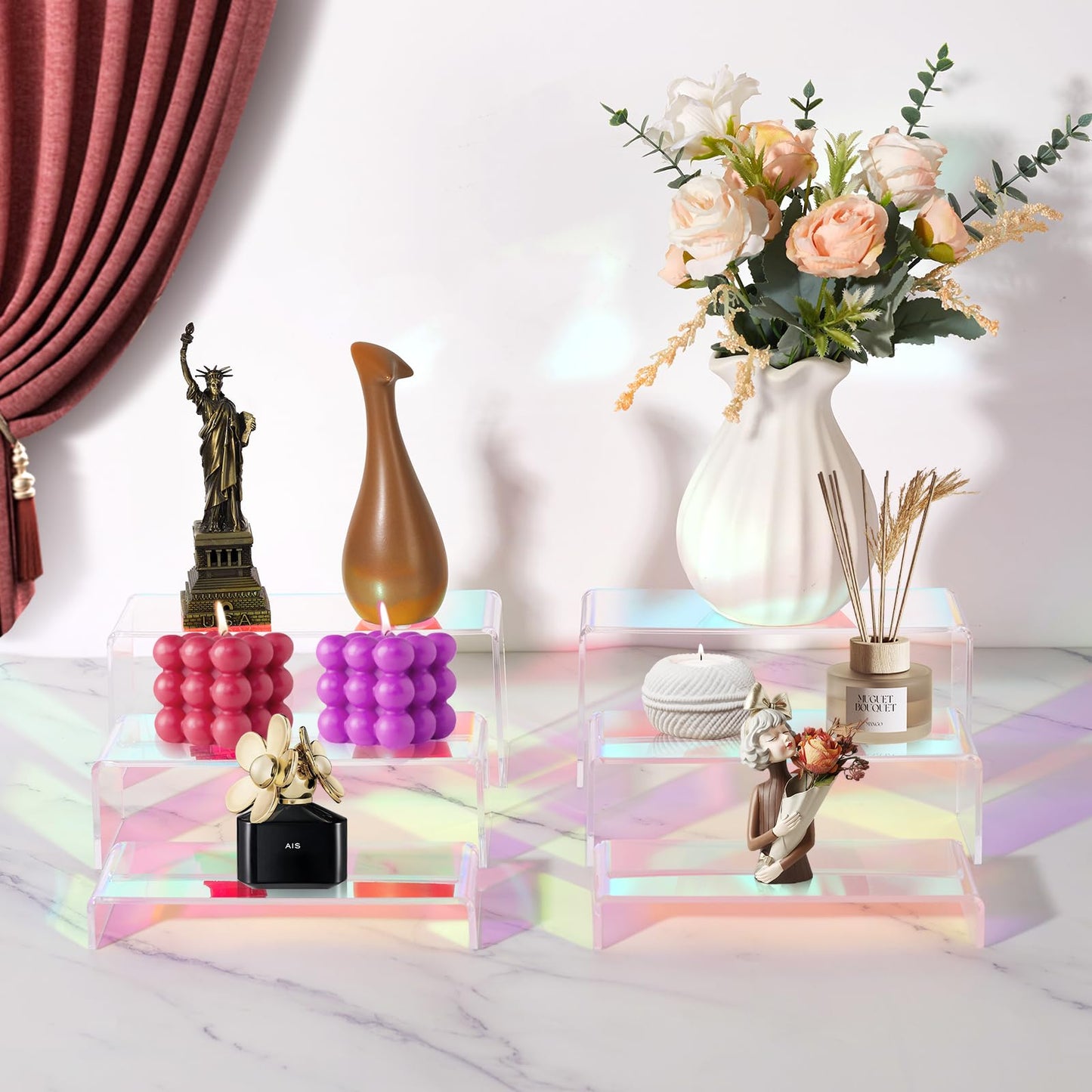 6pcs Iridescent Acrylic Display Risers, Rainbow Display Stand Set for Collectible Figures Jewelry Perfume Organizer, 3 Sizes Rectangular Stands for Candy Dessert Cupcake, Vendor Booth Retail Showcase