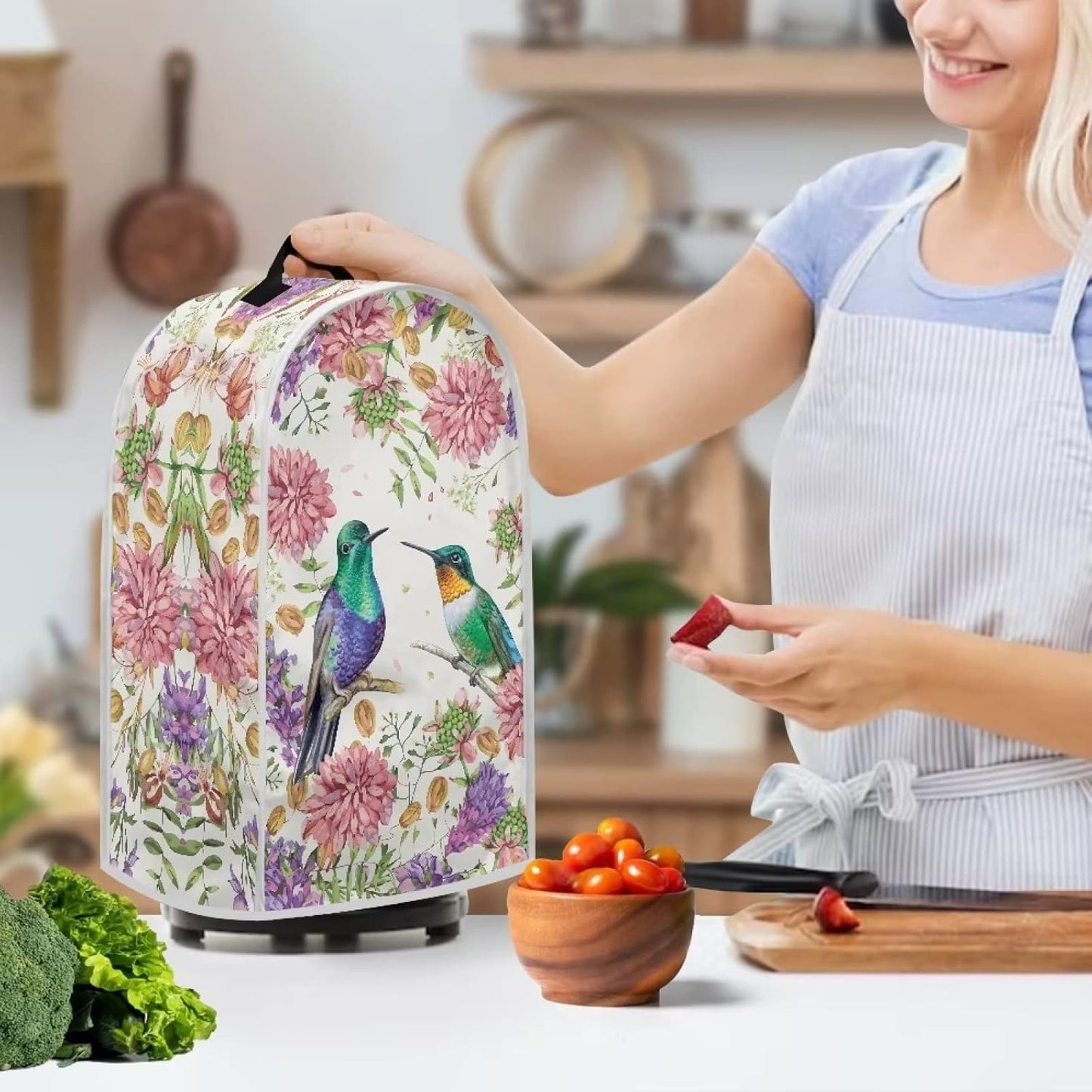 Floral Hummingbird Print Blender Covers for Kitchen, Anti-Fingerprint Polyester Dust Proof Covers