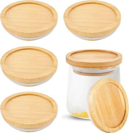 6 Pack Set Tessco for you Yogurt Jar Lids Bamboo Wood Lids with Silicone Sealing Rings Compatible with Oui Yogurt Jars
