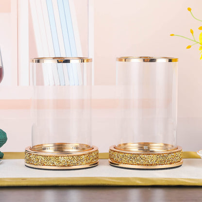 Pillar Candle Holders Set of 2,Hurricane Candle Holders,Candlesticks Holder With Glass Hurricane Lid,Metal Candle Holder For Coffee Dining Table, Wedding, Christmas, Home Decoration,Gold Candle Holder