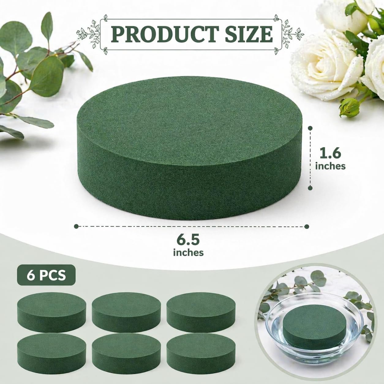 6 Pack Floral Foam Blocks Round 6.5 Inch, Green Flower Foam for Fresh and Artificial Flowers, Wet Dry Foam for Floral Arrangements, DIY Flower Supplies