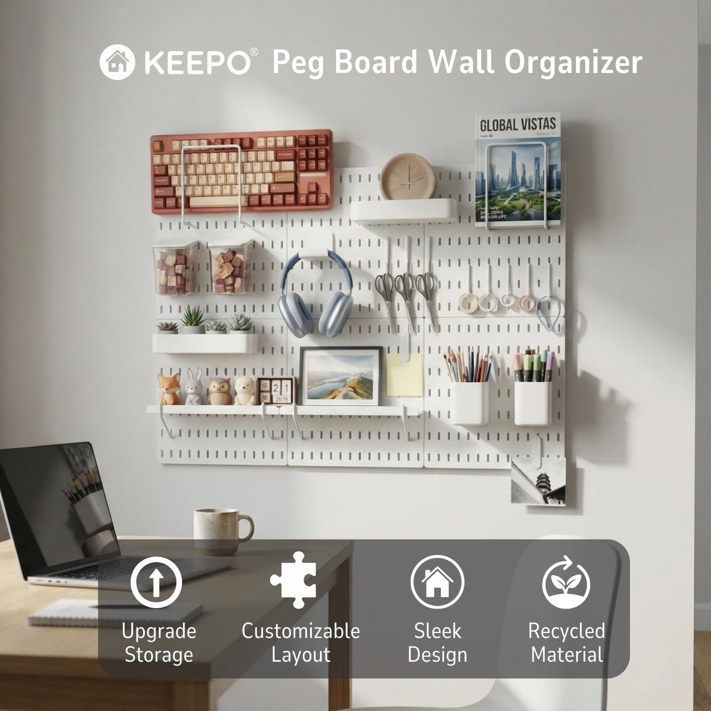 Keepo Peg Board Wall Organizer – Plastic Pegboard Panels, Modular Peg Board Storage System for Home Office, Craft Room, Gaming Setup (White, 33″×22″)