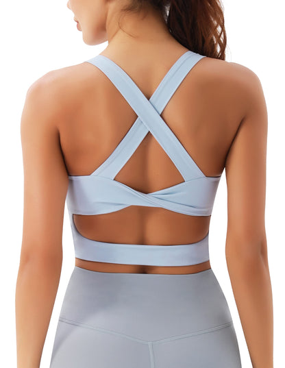 JOYSPELS Sports Bras for Women Extra Comfort Criss-Cross Back Padded Workout Tops for Women Medium Support Light Blue