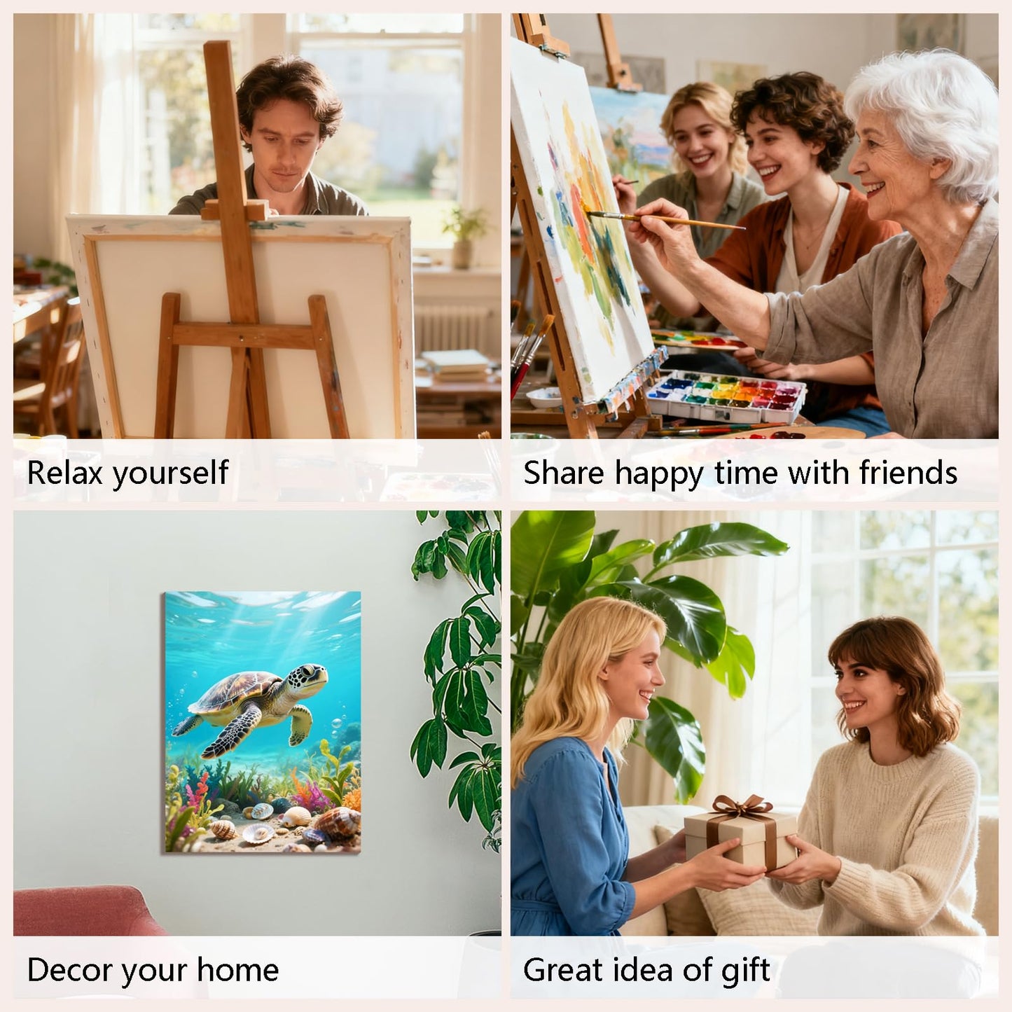 Muzagroo Art 4 Pcs Paint by Numbers Kits for Adults Framed Canvas with Wooden Easel DIY Sea Turtle Acrylic Oil Paintings Kits Paint by Numbers on Canvas Wall Art (8x12 inch)