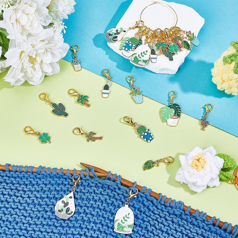 HOBBIESAY 28Pcs 14 Styles Enamel Alloy Crochet Stitch Marker Cute Cactus Potted Plants Removable Crochet Stitch Marker Charms with Lobster Claw Clasps for Crocheting Knitting Quilting Supplies
