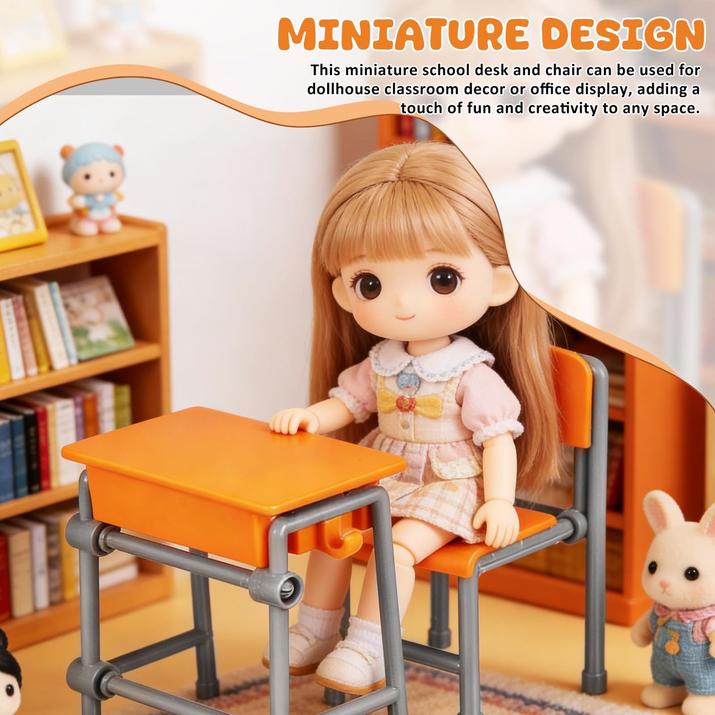 Toddmomy Miniature Plastic Classroom Desk and Chair 4-Set, Realistic Dollhouse School Furniture Accessories for Diorama Decor