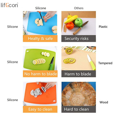 Liflicon Silicone Thick Cutting Boards Mats Set of 3pcs Foldable & Flexible Design Juice Grooves Easy Grip Handle Dishwasher Safe for Kitchen,BPA free Chif-Blue