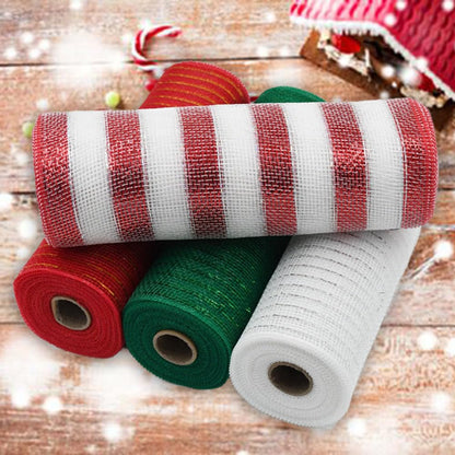 NBHH Christmas Mesh Ribbon Deco -Red, Green, White,Border Striped Deco Mesh Wire Ribbon Metallic Foil Rolls for DIY Christmas Wreaths Decorations Wrapping Craft, 4 Rolls(10 inch Wide)
