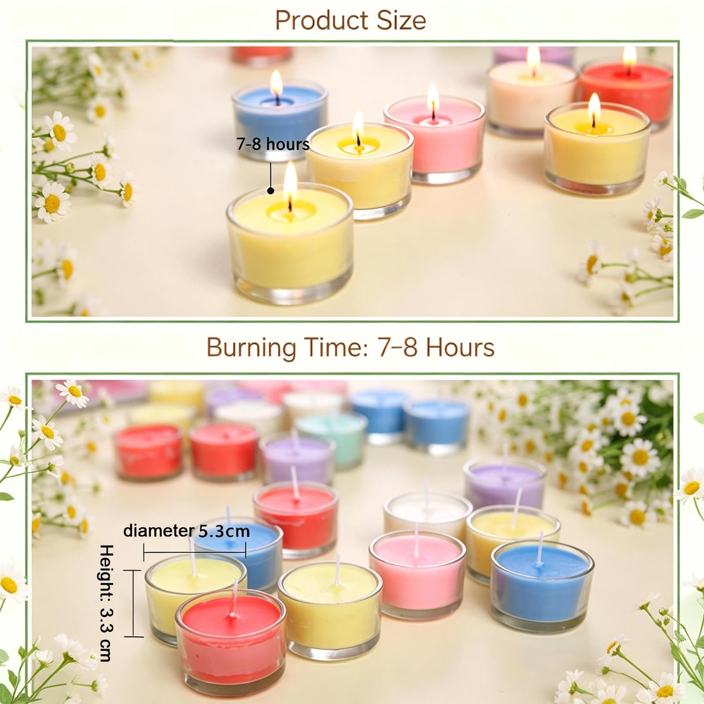 7–8 Hour Long-Burning Scented Tea Lights (6-Pack) — Assorted Scented Candles in Glass Cups | Smokeless & Aromatic — Ideal for Home, Weddings, Parties, and Gifting (Yellow)