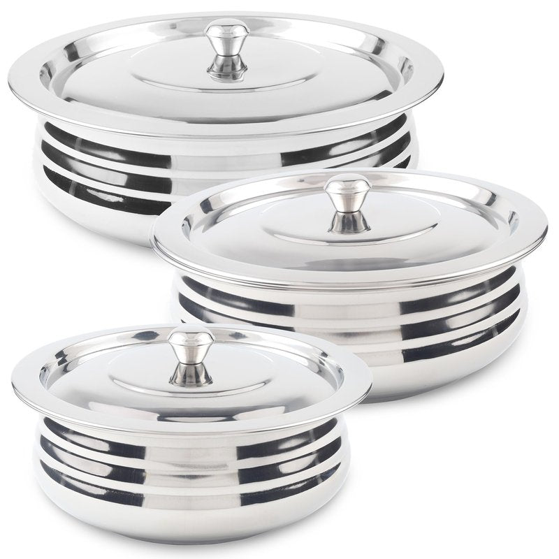 CRAFTONE Stainless Steel Heavy Duty Induction Cooking Pot Cook and Serve Handi With Lid Set of 3 pcs, Premium Steel Tope, Patila Handi for both cooking and serving (1.9 Qt, 2.4 Qt and 3.3 Quart)