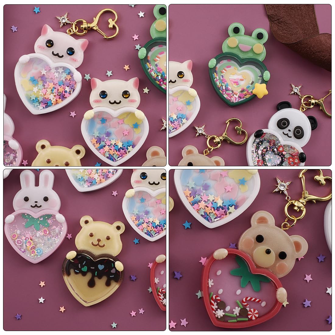Voyyphixa 10 Pcs Heart Resin Shaker Molds with Animal Epoxy Resin Molds Set Silicone Quicksand Moulds with 20 Pcs Seal Film Silicone Casting Molds for Resin Jewelry Pendant, DIY Art Craft