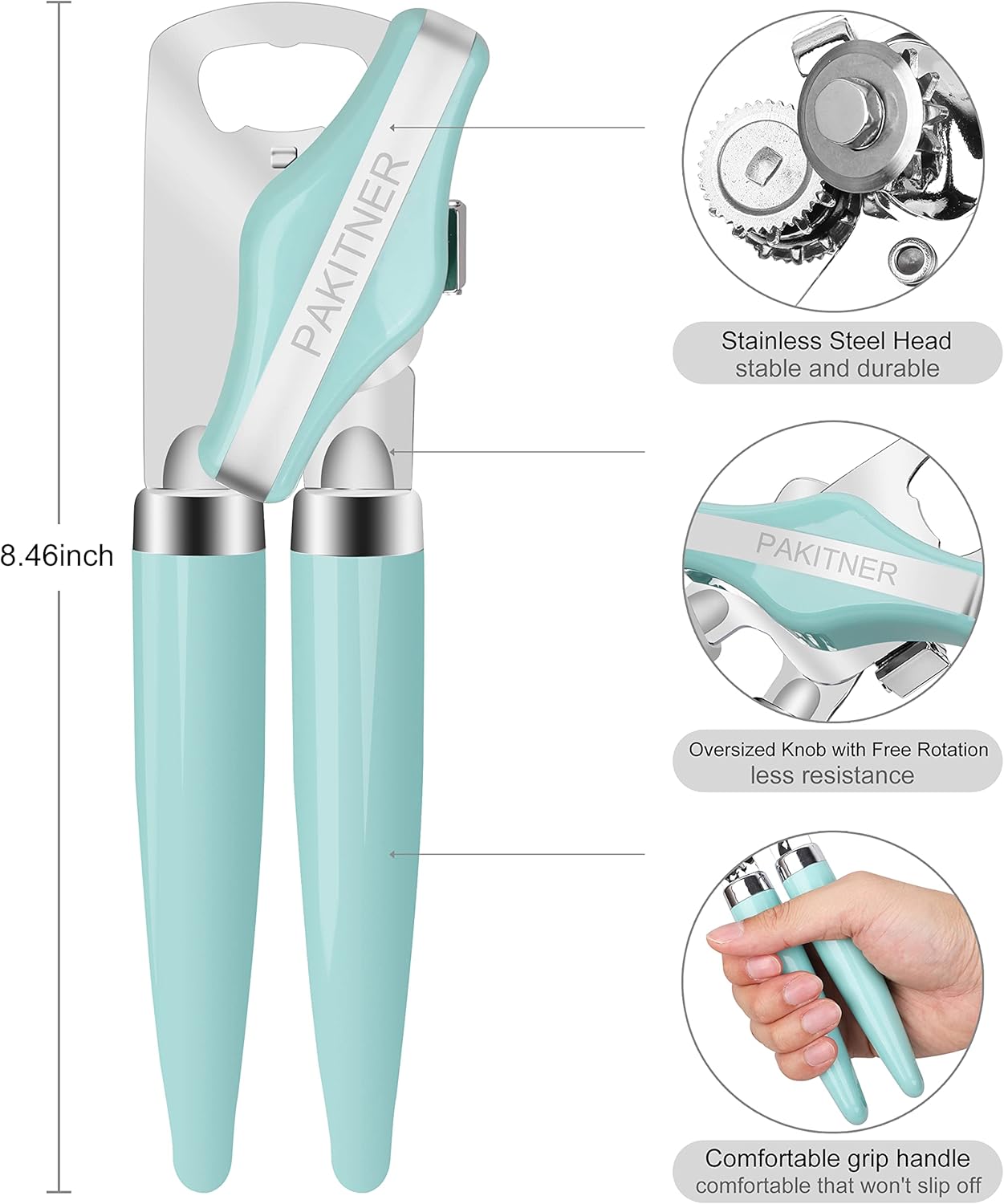 Manual Can Opener: Heavy Duty Stainless Steel Safe Cut with Magnetic Lifter, Smooth Edge, Easy Big Turn Knob, Aqua Sky