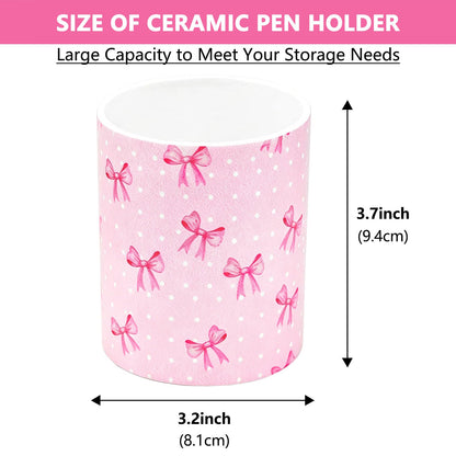 vnbsdwi Ceramic Pencil Holder for Desk Cute Pen Holder Pink Bow Pencil Cup Pot Desk Organizer Large Capacity Ceramic Makeup Brush Holders Multifunctional Office Supplies for Home School